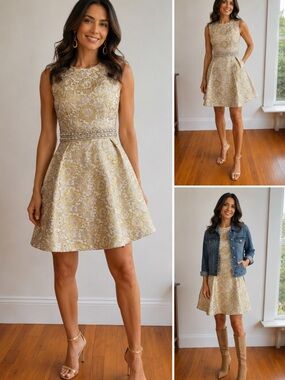 Lilly Pulitzer Sleeveless Gold and Cream Brocade Fit-and-Flare Dress